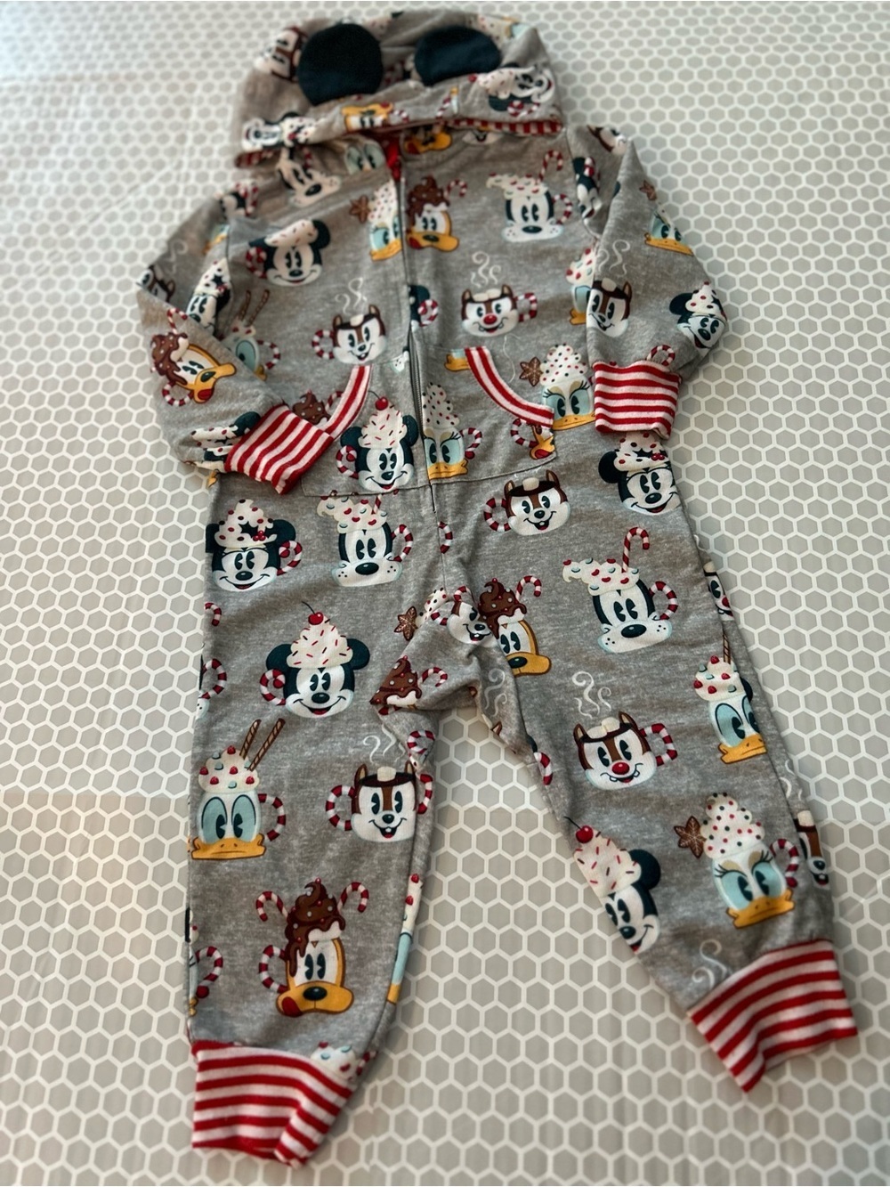 Disney Gray Holiday Character Hooded Baby One-Piece with Red Stripes Size 2